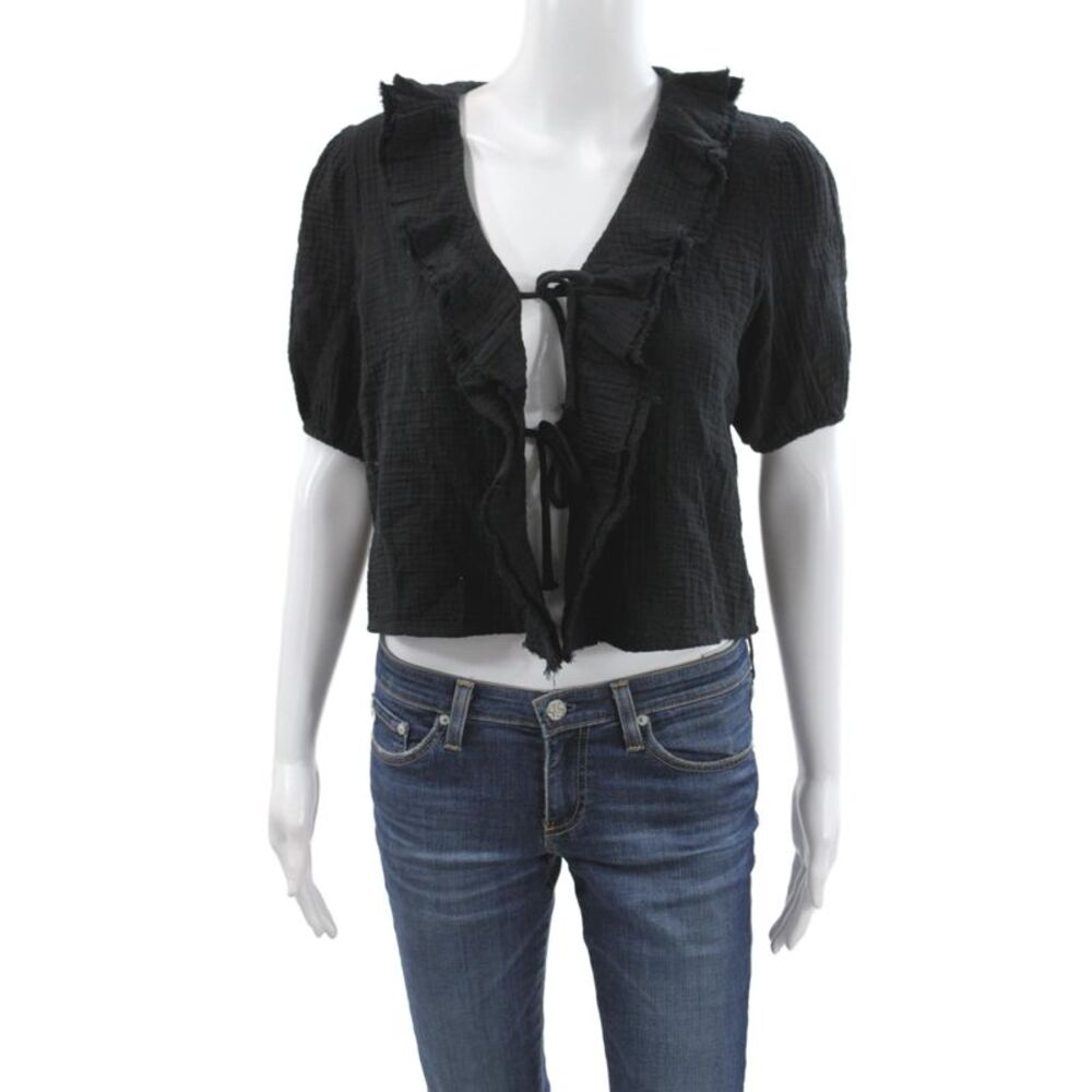 Little Moon Women Cropped Black Cotton V-Neck Short Sleeve Tie Blouse Size S